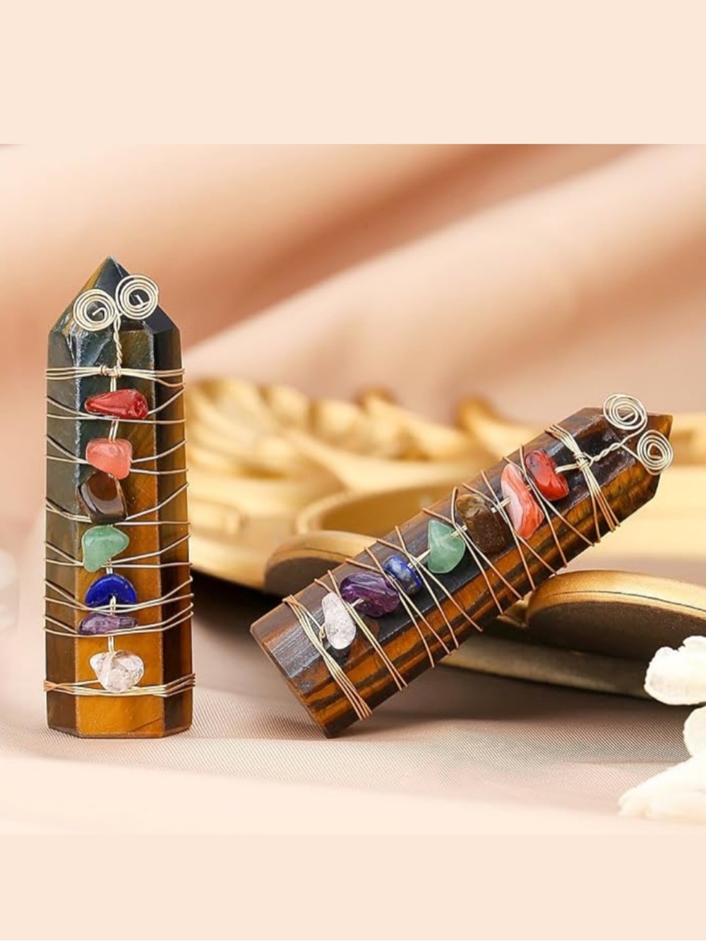 🆕 New Tiger Eye 7-Chakra Wire-Wrapped Crystal Tower Wand